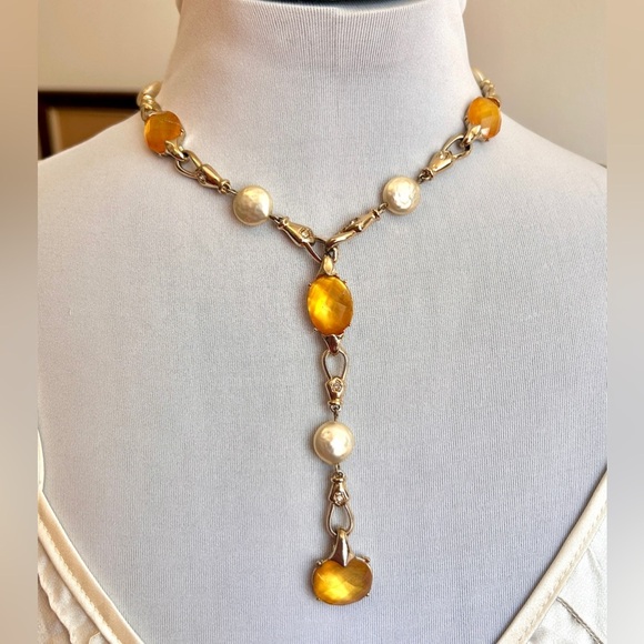 Fairycore Vintage-Inspired Faux Citrine & Pearl Drop Necklace - Picture 1 of 5